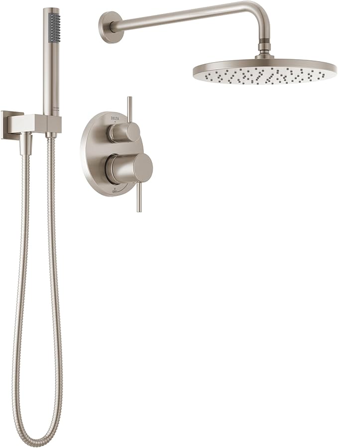 Delta Modern 14 Series Round Rain Shower System Faucet Set, Rainfall Brushed Nickel Shower Head and Handle Set, Valve Trim Kit, 10 Inch, Spotshield Stainless T342702-SP (Valve Not Included)
