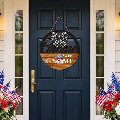 Interchangeable Seasonal Gnome Sweet Gnome Hanging Sign - Farmhouse Front Door Decoration for Spring All Seasons Holidays - Rustic Round Wood Wreaths with 12 Icons(Orange)