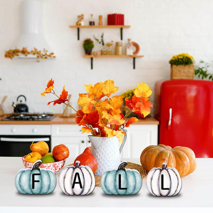 YUJUN 4 Pieces Fall Pumpkin Wooden Signs Decoration,Blue Autumn Tiered Tray Pumpkin Tabletop Decor for Thanksgiving Fall Home Kitchen Harvest Party Decor Supplies