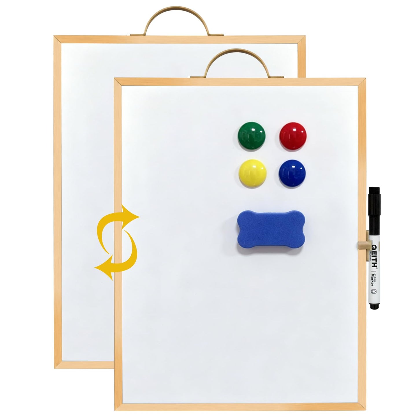 Small White Board,16"X12"Portable Aluminum Frame Whiteboard, Magnetic Double Sided Dry Erase Board, with A Handle and Side Pen Clip,for Office, Home,School,Includ 4 Magnets,1 Eraser,1 Marker (Gold)