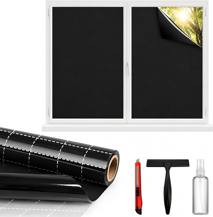 Blackout Window Privacy Film, Removable Window Cover Static Cling, Darkening Light Heat Blocking, Window Tint for Home Garage Bedroom Day Sleep, Black 35.4 Inch * 78.74 Inch