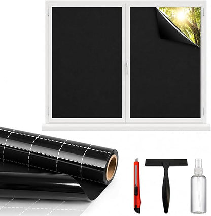 Blackout Window Privacy Film, Removable Window Cover Static Cling, Darkening Light Heat Blocking, Window Tint for Home Garage Bedroom Day Sleep, Black 17.5 Inch * 78.74 Inch