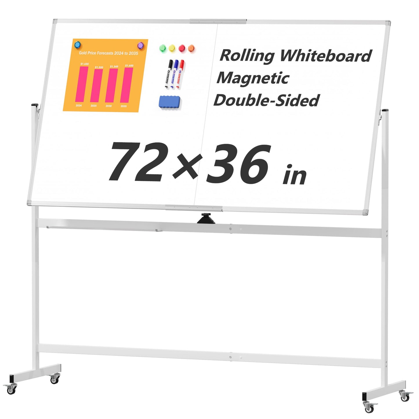 Large Rolling Whiteboard on Wheels, 72" x 36" Double-Sided Mobile White Board with Stand, 6' x 3' Portable Standing Magnetic Dry Erase Board Easel for Home Office Classroom School, Silver