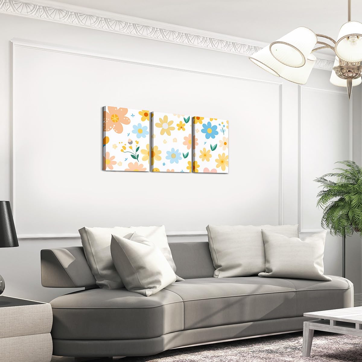 Feelyou Cute Flower 3 Piece Canvas Wall Art for Living Room Bedroom Cartoon Cute Floral Office Decor Artwork Bright Yellow Wall Art for Home Decor Kawaii Picture Posters