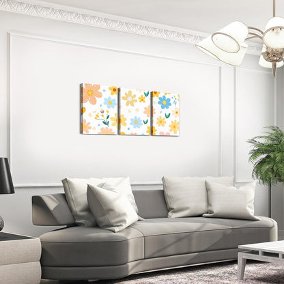 Feelyou Cute Flower 3 Piece Canvas Wall Art for Living Room Bedroom Cartoon Cute Floral Office Decor Artwork Bright Yellow Wall Art for Home Decor Kawaii Picture Posters