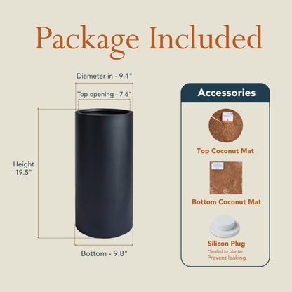 KUTE NEST 19.5" H x 9.8" D Premium Tubo Fiberstone Cylinder Tall Planter with Drainage Hole, Weather Resistant for Indoor and Outdoor Use, Included 2 Extra Coco Mats (Black, 8.2" Pot Opening)