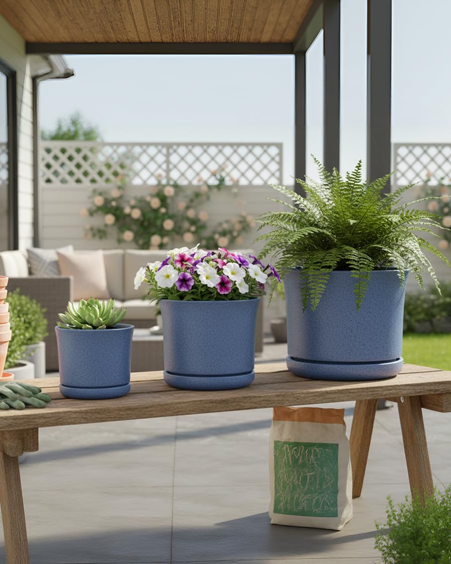Avyra Velen Plant Pots Set of 3 with Drainage Hole and Saucer for Plants, 4.3+5.5+7 Inch Ceramic Planter for Indoor House Plant, Modern Home Decor, Blue