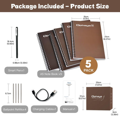 Ophaya Sync Smart Pen and A5 Notebook(5-Pack) for Note Taking| Gifts for Adults Women Men Coworkers Teachers Students Guest Friends | Sync Notes to Phone/Tablet Instantly/Convert to Text