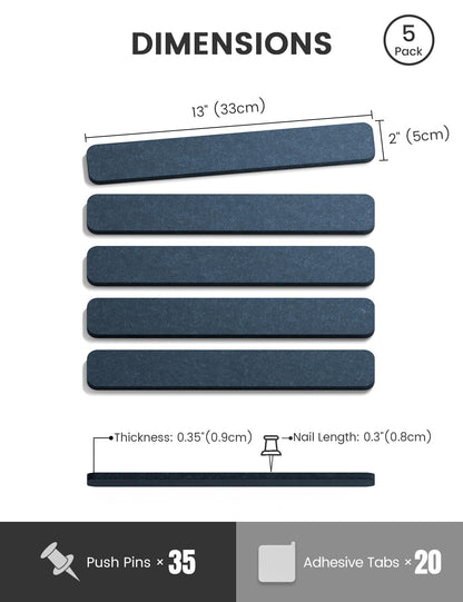 Fluxynara Cork Board Alternative Felt Strip Board 5-Pack 13"x2", Office Pin Board with 35 Push Pins, Adhesive Install for Bedroom Door & Home Office (Denim Blue)