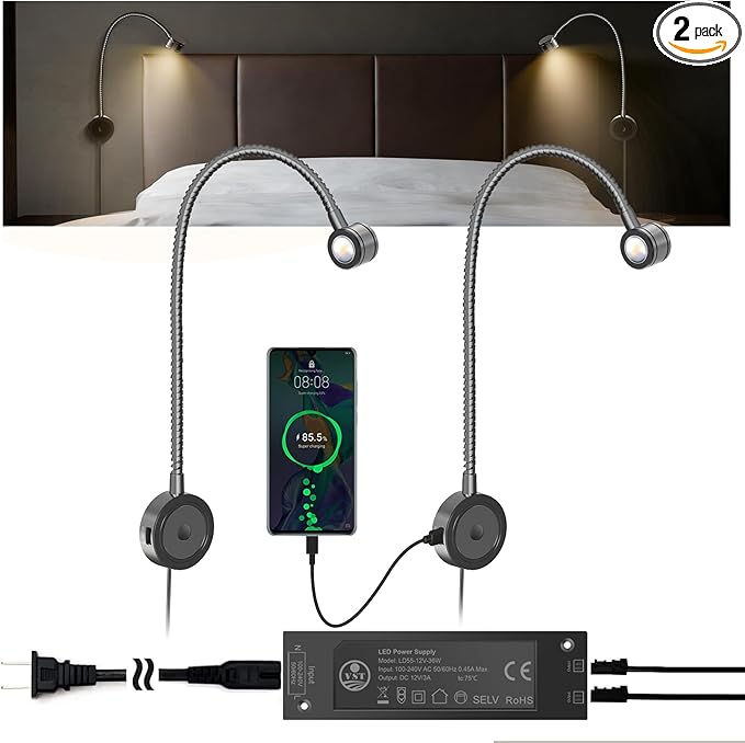 VST Bed Reading Lights for Headboard, Bedside Wall Mounted Reading Lamp, Reading Light Touch to Adjust Brightness with USB/Type-C Charging Ports, ETL-Listed