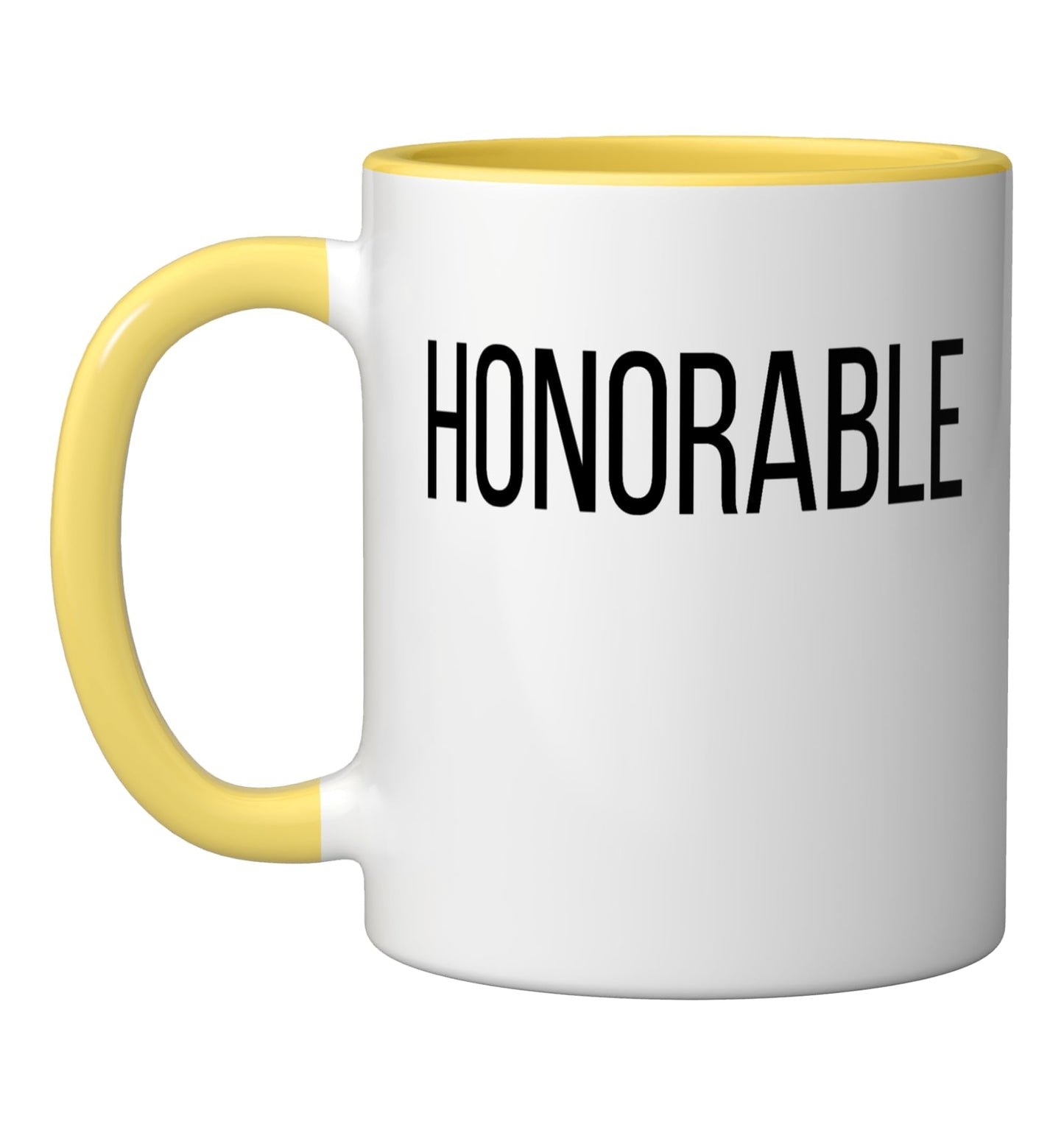 Honorable Single Word Adjective Simple Halloween Costume Ceramic Mug, Yellow/White