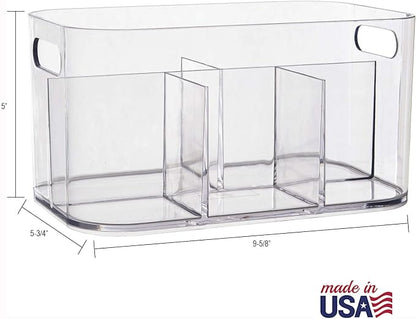 STORi Bliss 5-Compartment Plastic Cosmetics Storage Organizer, Set of 2 | Clear | Rectangular Divided Makeup Bin & Vanity Caddy with Pass-Through Handles | Round Corner Design | Made in USA