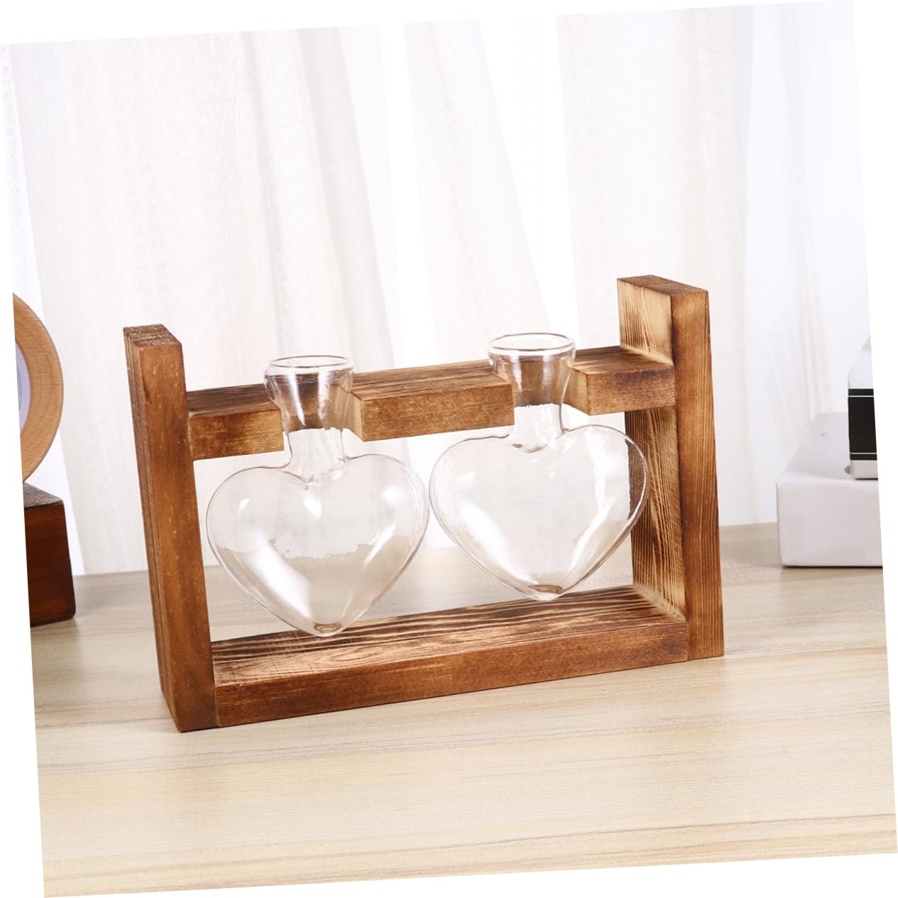 Ciieeo 2Pcs Heart Shaped Glass Hydroponics Planter with Retro Wooden Rack Temperature Resistant Vase for Flower Arrangement and Indoor Plant Propagation Decorative Terrarium for Home