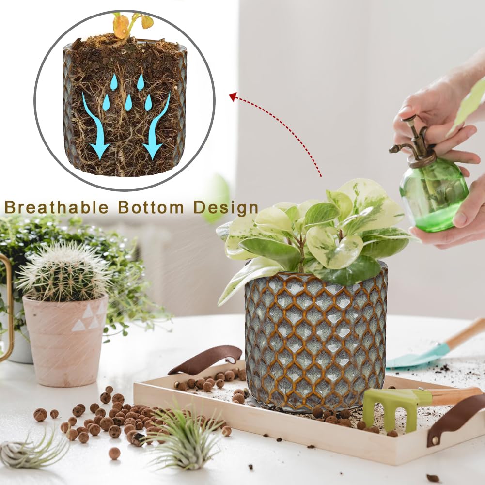 Oairse Small Ceramic Pots for Plants, 5.3 inch Brown Plant Pot Indoor with Drainage Ceramic Planters for Indoor Plants Succulent Planters Decorative Flower Pots for Cactus, Snake Plant, Herb