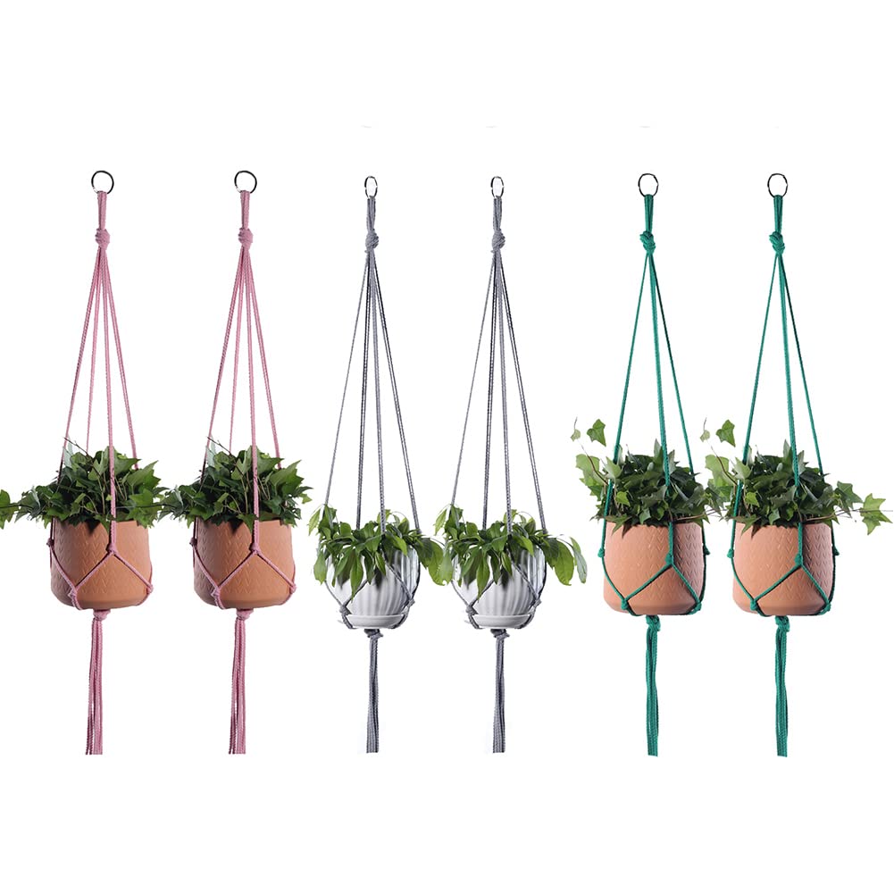 ELANE 6PCS Macrame Plant Hanger Indoor Hanging Planter Basket Decorative Tassels Flower Pot Holder for Indoor Outdoor Home Decor(Pink,Grey,Green)