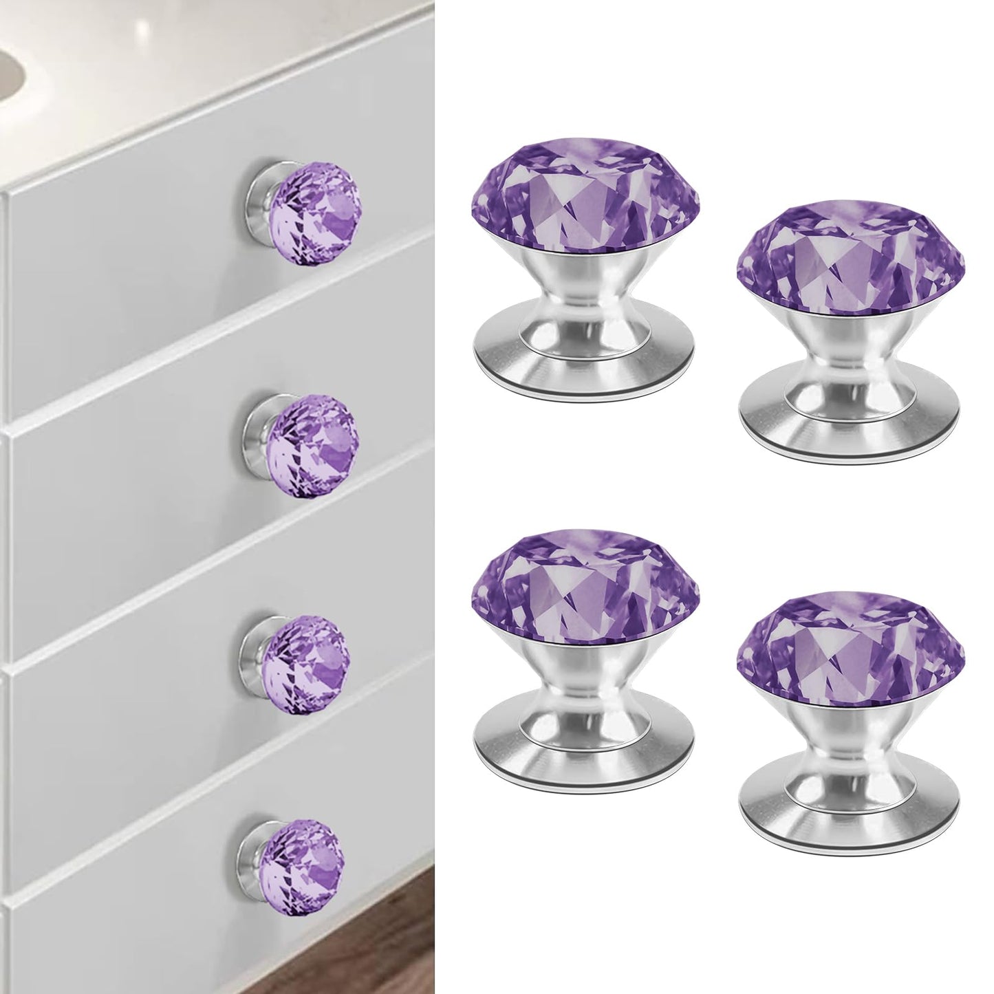 CcHhyyt 4 Pcs Crystal Adhesive Knobs Stick On Cabinet Handle Purple K9 Crystal Pulls Peel and Stick Dresser Pulls for Mirror Cabinet Drill Free Knobs for Glass Sliding Doors Fish Tank Lid Terrarium