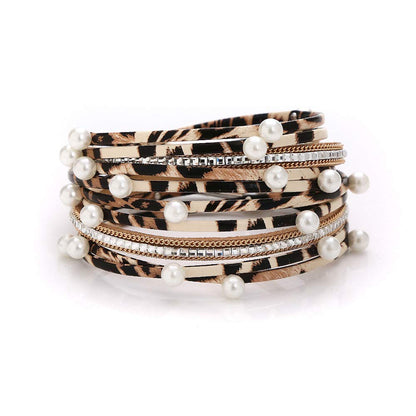 Leopard Print Color Multi-layer PU Leather Bracelet Versatile Women's Jewelry Horsehair Leather Bracelet Gifts for Women for Women (Pearl)