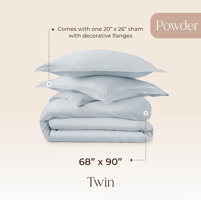 100% Organic Cotton Duvet Cover Twin Size - Naturally Soft Lightweight & Cooling Duvet Cover Set with Decorative Shams - Premium GOTS Certified 300 Thread Count Sateen Weave (Powder, Twin)
