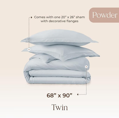 100% Organic Cotton Duvet Cover Twin Size - Naturally Soft Lightweight & Cooling Duvet Cover Set with Decorative Shams - Premium GOTS Certified 300 Thread Count Sateen Weave (Powder, Twin)