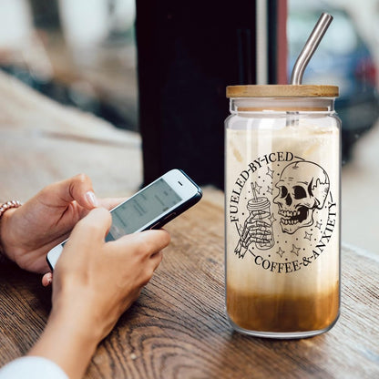 Enanaimg Fueled by Iced Coffee and Anxiety Skull 16 oz Coffee Mug with Lids and Straws, Skeleton Cup, Skull Gifts for Women, Funny Witchy Skeleton Gifts for Women, Friend, Sister, Mom