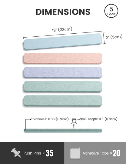 Fluxynara Cork Board Alternative Felt Strip Board 5-Pack 13"x2", Office Pin Board with 35 Push Pins, Adhesive Install for Bedroom Door & Home Office (Coastal Haze)