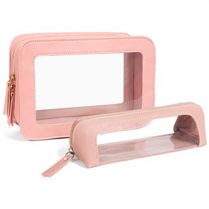LETGO Clear Travel Makeup Brush Bag, Leather Portable Makeup Brush Bag Organizer Pouch Lipstick Bag Transparent Waterproof Makeup Bag Car Orangizer Storage Bag for Women (Dual Pink)