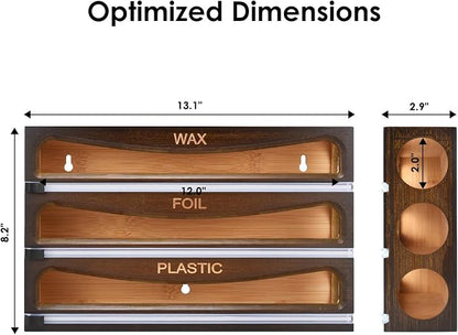 Bamboo Wrap Dispenser with Cutter, Plastic Wrap Organizer, Aluminum Foil Organization, and Wax Paper Dispenser Holder for Kitchen Drawer and Wall, Compatible with 12" Roll (03 Vintage Brown)