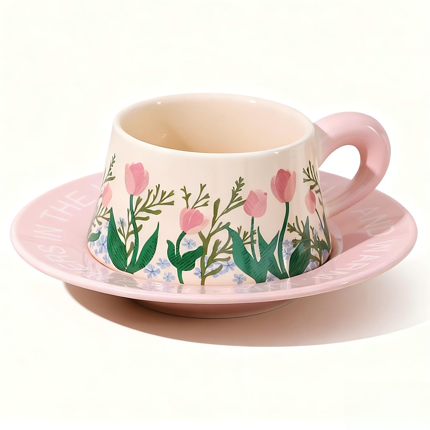 EWCEFIC Cute Ceramic Coffee Mug and Saucer Set for Women, Spring Floral Embossed Design, 9.5oz/280ml, Perfect for Home, Office & Holiday Gifts (Pink Tulip)