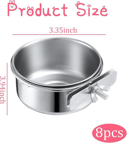 8 Pcs Stainless Steel Bird Food & Water Bowls with Clamp Holder - Hanging Bird Cage Feeding Dishes, Pet Feeders for Cockatiel, Conure, Budgie, Parakeet, Macaw & Small Animals