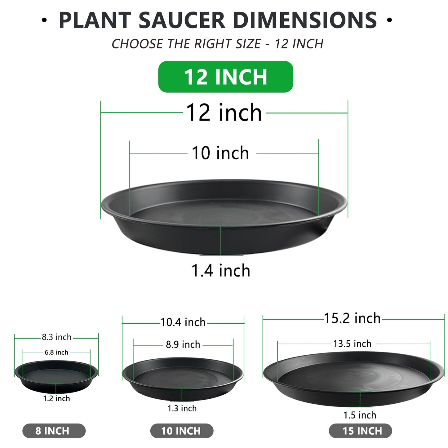 Garrdeen 6 Pack 12-Inch Black Plant Saucer Trays, Thick PP Plastic Planter Bases for Large Pots, Strong Flower Pot Water Catcher Plates & Heavy Duty Drip Trays for Patio and Indoor Use