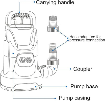Sump Pump Submersible 1HP 3700GPH Utility Water Pump Portable Transfer Electric Water Sump Pumps with 8 Accessories for Swimming Pool Draining Hot Tub Pond Basement