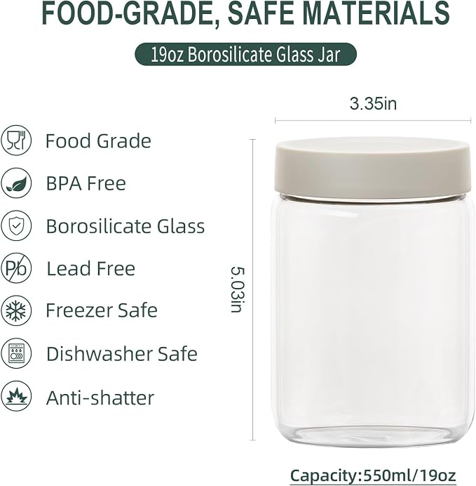 Overnight Oats Containers with Lids 6 Pack Heat-Resistant Borosilicate Glass jars with Airtight Lids, Wide mouth Mason jars 19oz Food Storage Jars for Meal Prep Oats Chia Pudding Yogurt Salads Snack