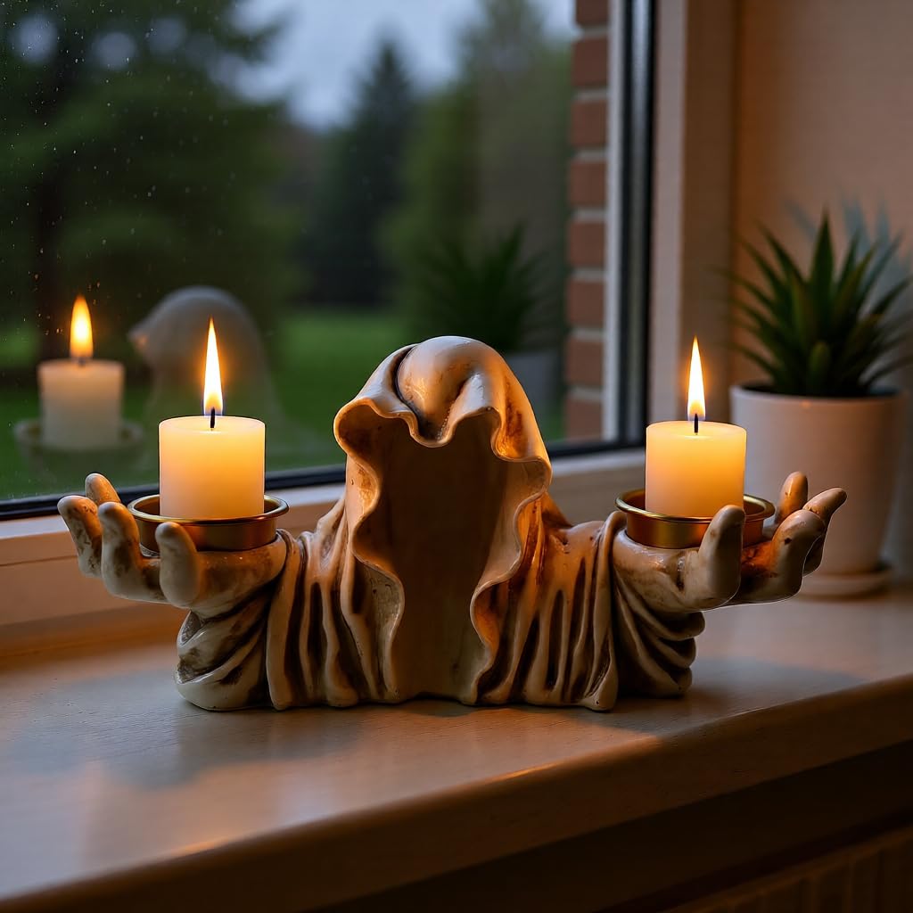 Halloween Ghost Tealight Candle Holder, Resin Gothic Candle Stand for Tabletop, White and Blue Scary Decorative Candlestick, Spooky Tea Light Holder for Haunted House, Gothic Decor (White)