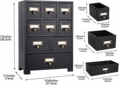 Apothecary Cabinet with 9 Drawers & Labels Rustic Library Card Catalog Cabinet Desktop Wooden Storage Box for Organize Herbal、Tea Bag、Jewelry (Black)