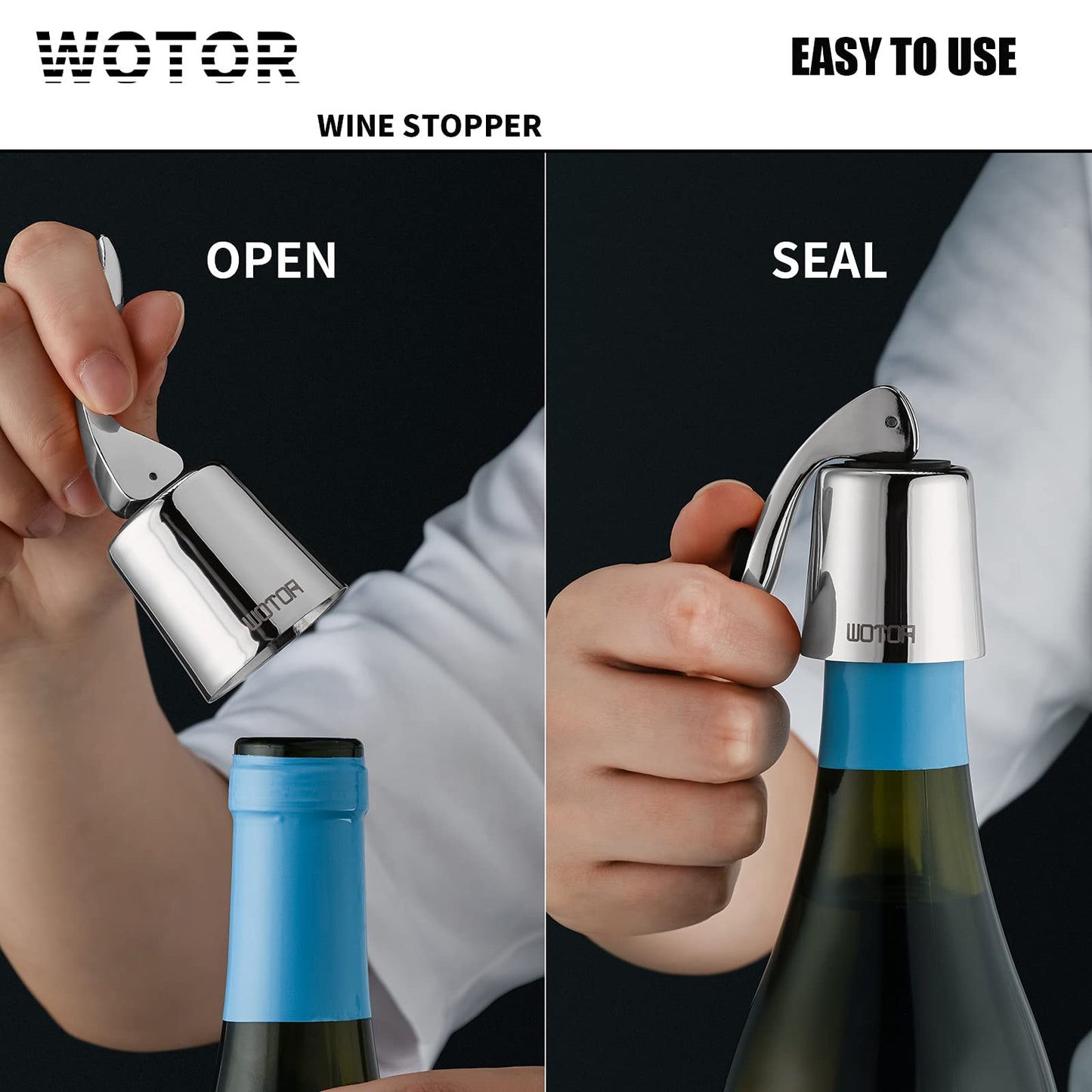 WOTOR Wine Stoppers Stainless Steel Wine Bottle stopper Plug with Silicone Reusable Wine Saver Leak proof Keep Fresh Silver 3 pack