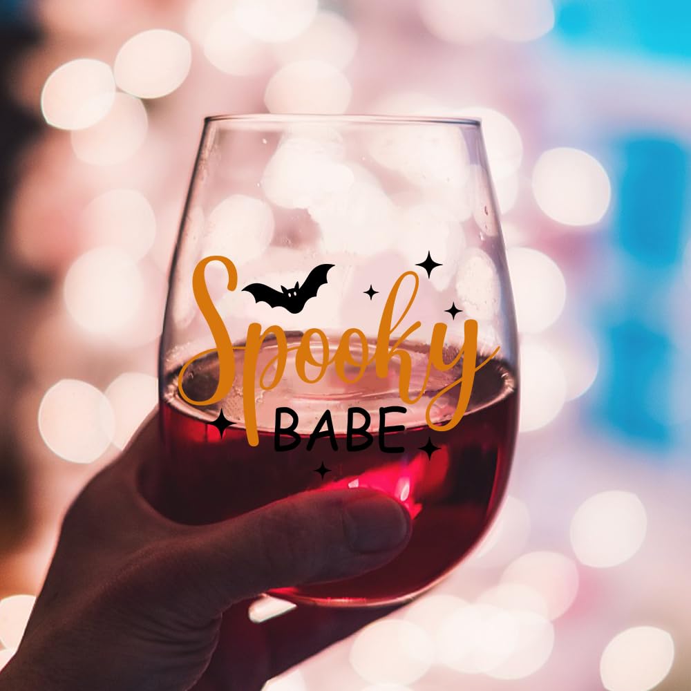 DYJYBMY Spooky Babe Halloween Stemless Wine Glass With Gifts Box, Funny Thanksgiving Halloween Gifts For Confidante Family Bestie Coworkers Men Women Friends, Clear Stemless Wine Tumbler For Couple