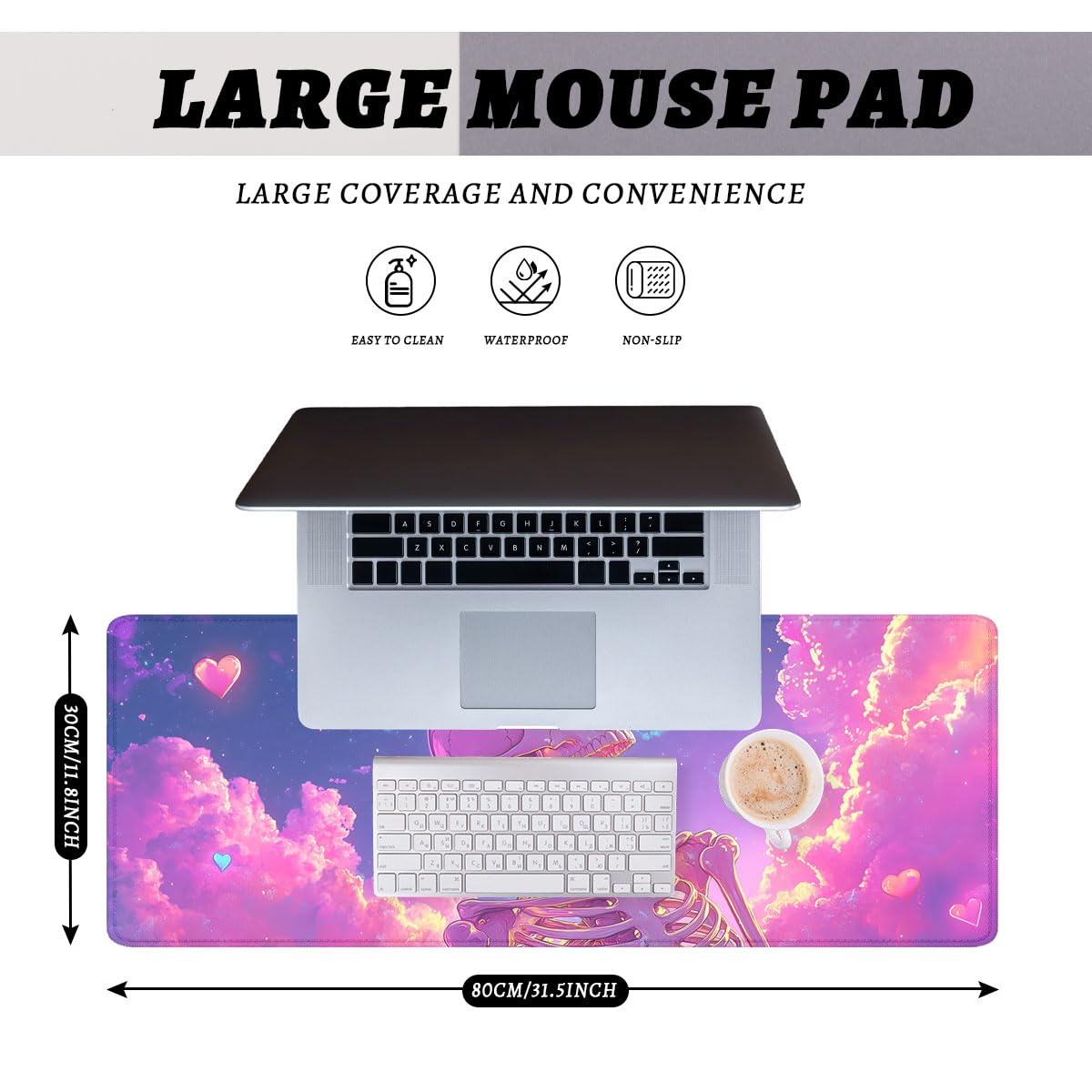 Cute Cartoon Skeleton Gaming Mouse Pad Pink and Purple Cloud Extended Mousepad Waterproof Stitched Edges Rubber Base Non-Slip Deskpad Computer Keyboard Mat 31.5"x11.8"