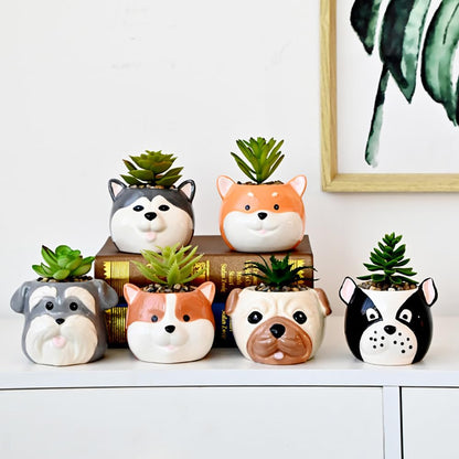 DIYOMR Cute Pet Dog Ceramic Planter Small Succulent Pot Cartoon Shaped Plant Pot for Mini Plants Flower Cactus, Smooth Shiny Ceramic - Plants Not Included (Akita)