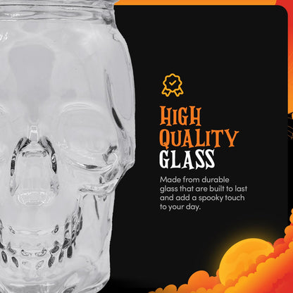 DURA LIVING Set of 2 Skull Mason Jar Glasses with Lids | 16oz Reusable Halloween Drinking Glasses | Unique Skull Décor, Storage, & Canning Jars for Parties & Gifts