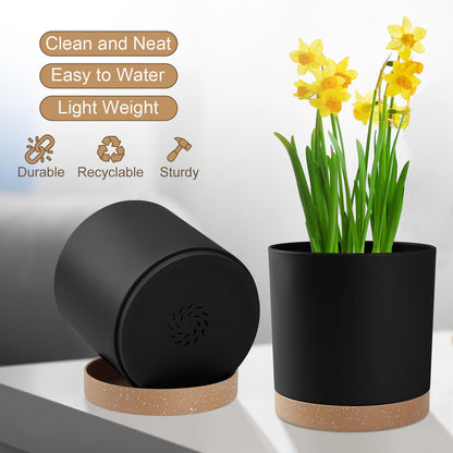 YNNICO Plant Pots with Drainage Holes and Saucers – 7, 6.5, 6, 5, 4 Inch Plastic Planters for Indoor Outdoor Plants, Modern Matte Finish, Lightweight & Durable（Black）