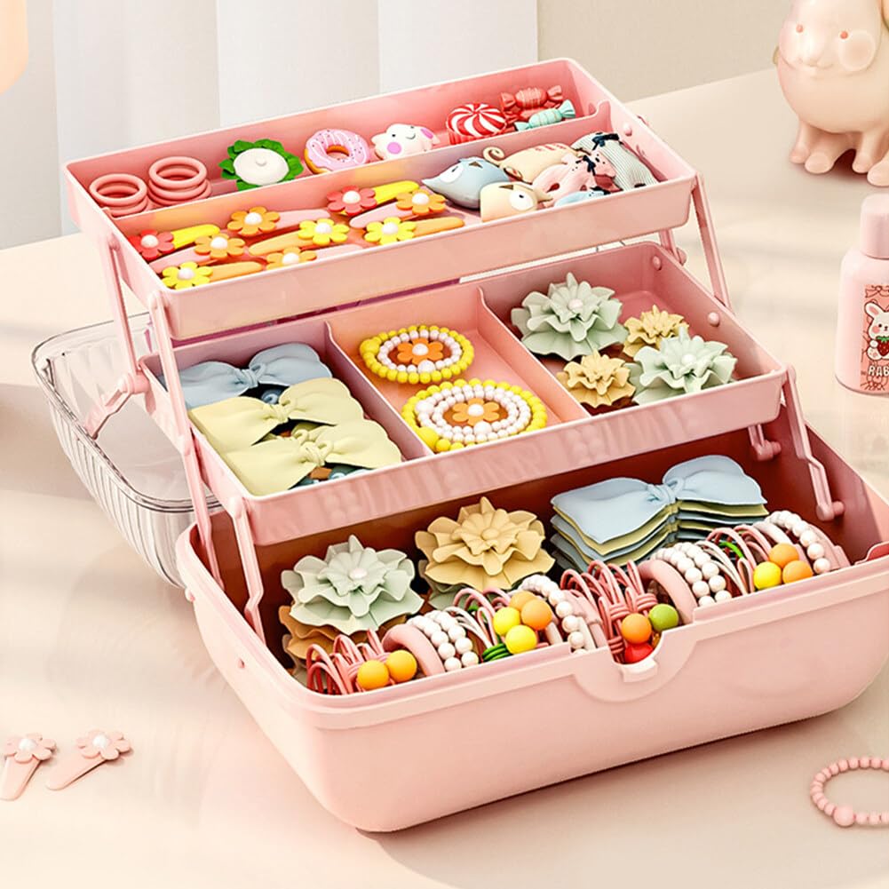 GKWW Cute Girls Hair Accessories Storage Box Bow Switch Organizer Box Jewelry Box, Plastic Hair Ties Holder Hair Clips Container Storage Box for Home, School, Office(Pink)