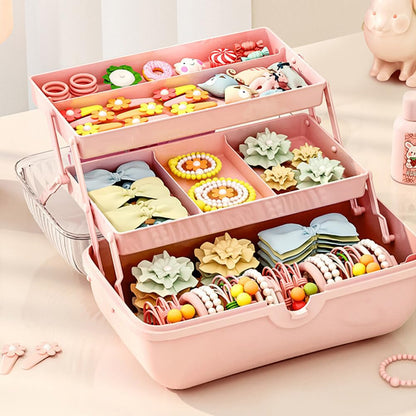 GKWW Cute Girls Hair Accessories Storage Box Bow Switch Organizer Box Jewelry Box, Plastic Hair Ties Holder Hair Clips Container Storage Box for Home, School, Office(Pink)