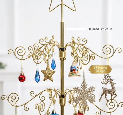 HOHIYA 3 Ft Wrought Iron Ornament Display Stand with 56 Hooks Metal Christmas Tree Alternative for Ornaments Halloween and Year-Round Decor Tabletop Rack Brass Gold