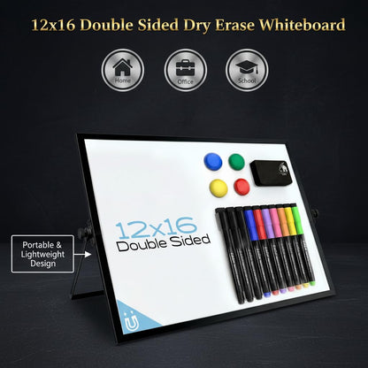 12x16 Magnetic Dry Erase Whiteboard with Stand – Double-Sided Desktop Board, 10 Markers, 4 Magnets & Eraser – Black Frame | LULU OFFICE