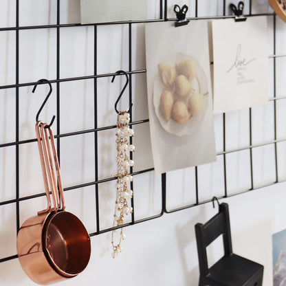 FRIADE Wall Grid Panel for Photo Display,Wall Storage Organizer,5 Metal Clips & 3 S Hooks & 4 Nails & 4 Plastic Hanging Buckles and 4 Screws Offered,Size 17.5" x 11.8"，Set of 2 (Black)