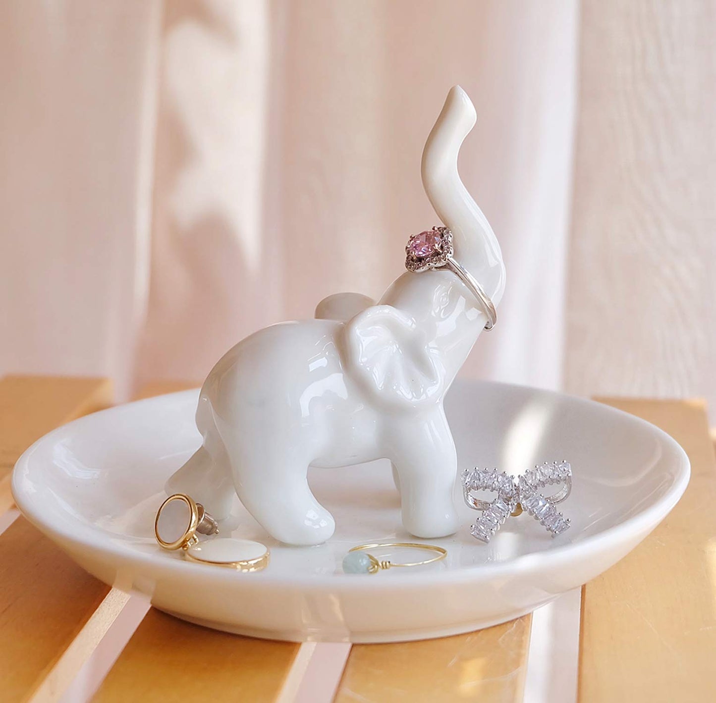 PUDDING CABIN White Elephant Ring Holder Dish Ring Tray for Jewelry | Elephant Gifts for Women Christmas, Birthday, Mother's Day