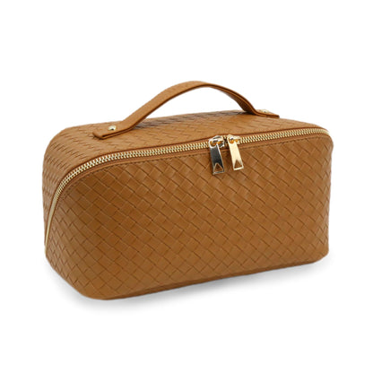 JINYIBAGS Travel Makeup Bag – Large Cosmetic Organizer with Waterproof PU Leather, Smooth Double Zipper & Tear-Resistant Lining, Toiletry Pouch for Women (Caramel)