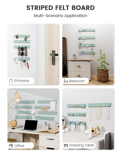 Fluxynara Cork Board Alternative Felt Strip Board 8-Pack 13"x2", Office Pin Board with 50 Push Pins, Adhesive Install for Bedroom Door & Home Office (Teal Blue)