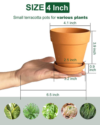 4 Inch Terracotta & Clay Plant Pots with Drainage Hole and Saucer- 6 Pack Small Terra Cotta Pots for Indoor Outdoor Plants, Breathable Unglazed Classic Planter Pots for Succulents, Herbs, Flowers