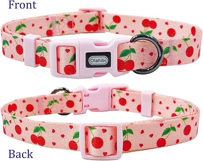 Dog Collar Leash Set, Fruit Pattern, Polyester Material, Adjustable Collar and 5ft Matching Leash, for Large Dogs.(L, Pink Cherry)